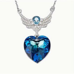 Crystal Angel Wing Heart Necklace Blue Pendant Silver Tone